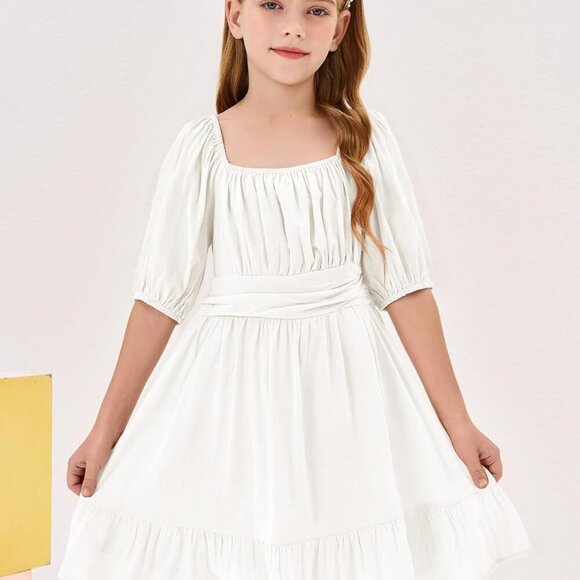 Girls Summer Dresses Square Neck Lantern Sleeve Tie Backless Ruffle A-Line Party - Picture 3 of 6